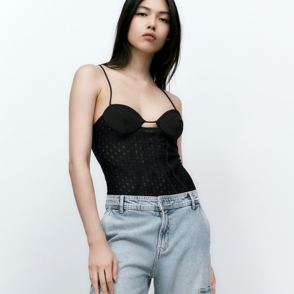 Zara lace bodysuit corset cut out , openwork embroidery - Picture 2 of 12